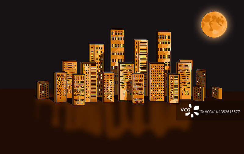 城市景观的图形再现，有倒影，有夜空中明亮的月亮。都市住宅区的插画，以橙棕色的色调。特写,黑色背景图片素材