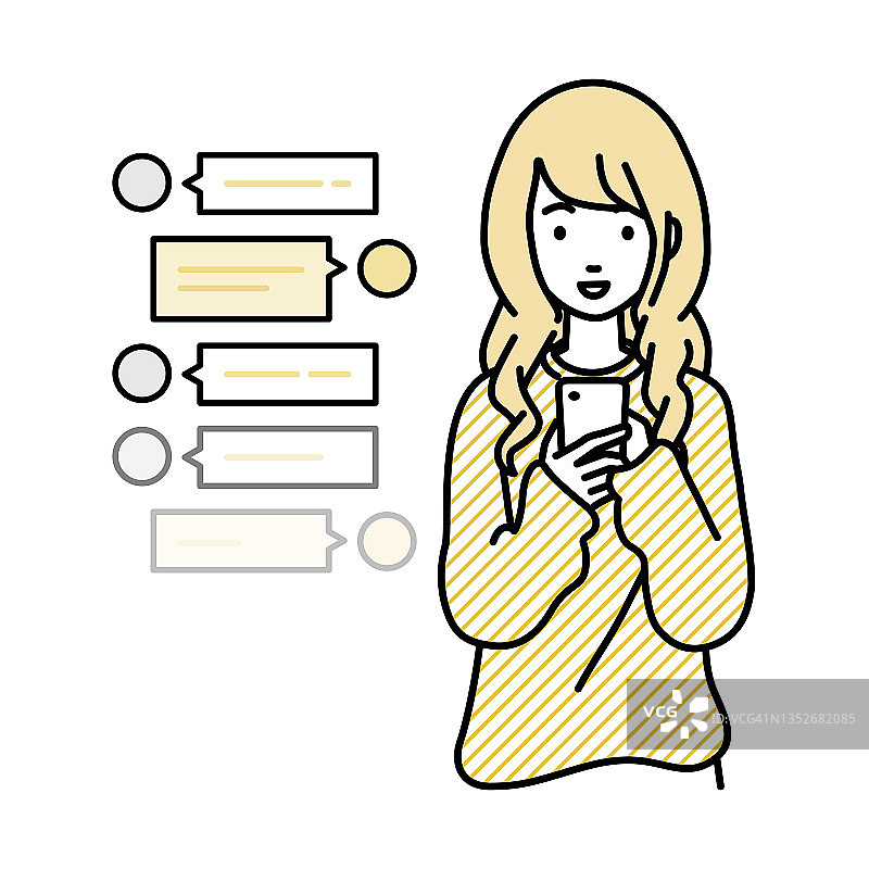 一名穿着休闲风格的女子站在一边，看着手里的智能手机，享受着通过社交网络聊天的交流图片素材