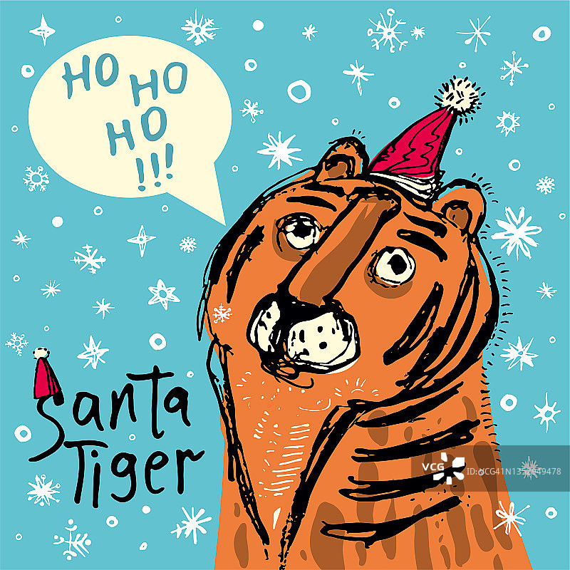 有趣的圣诞老人老虎插图。结合圣诞节和中国新年传统的手绘速写明信片。新年的设计。2022.图片素材