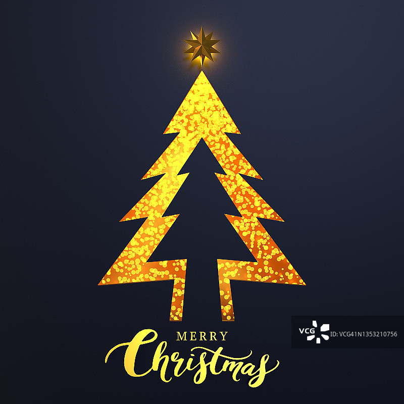 新年贺卡与圣诞树由黄金饰品在蓝色背景图片素材