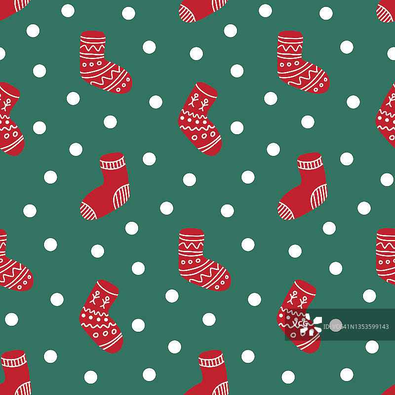 圣诞装饰红袜子礼物绿色背景无缝模式图片素材