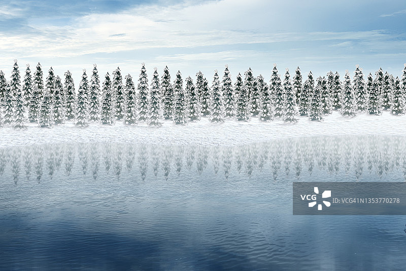 湖畔有积雪的冷杉树图片素材