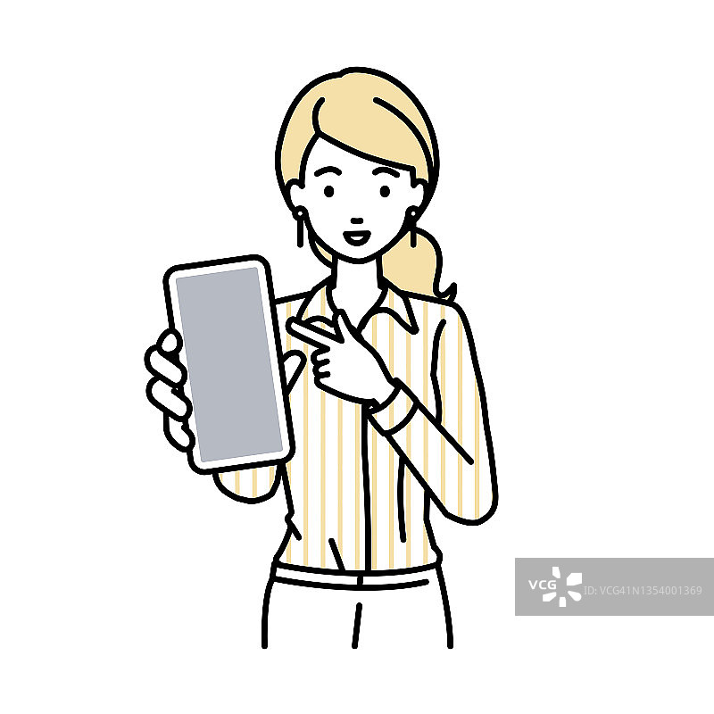 一名身穿衬衫的女士微笑着推荐、求婚、展示并指着智能手机模型屏幕图片素材