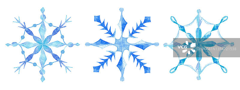 手绘水彩套蓝色雪花。新年的象征。冬天图片素材