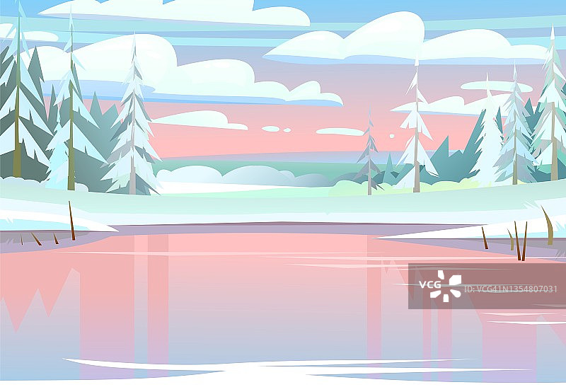 红色的日落或日出。冬季乡村景观与寒冷的白色雪和积雪。美丽的霜冻乡村丘陵平原。平面设计卡通风格。向量图片素材
