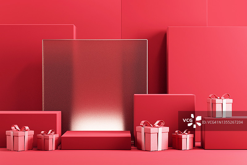最小抽象产品背景为情人节和圣诞节，讲台上红色的礼品盒红色的背景。图片素材