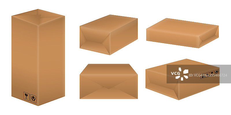 套真实的棕色纸板孤立或模拟易碎包装或网上商店包装。每股收益向量图片素材