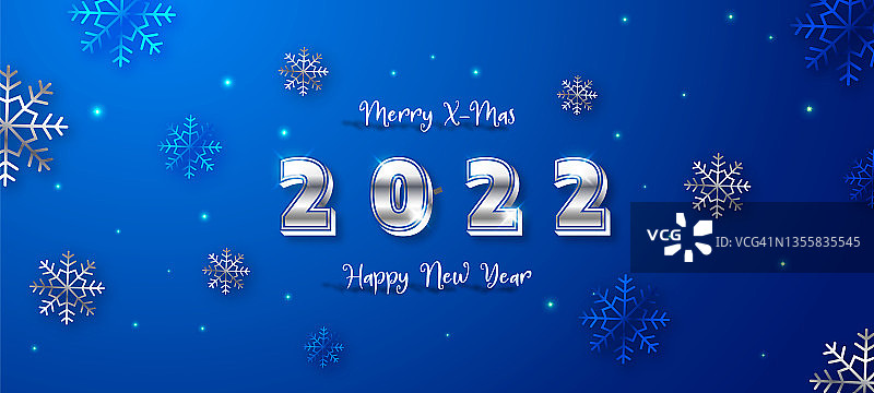 圣诞快乐和新年快乐2022背景与闪亮的雪花背景横幅设计。图片素材