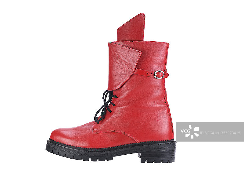 秋冬女式红色皮靴，黑色底，白色底。图片素材