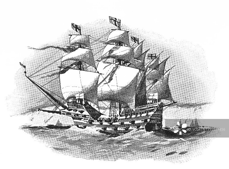 老雕刻插图的英国船，卡拉-亨利格雷斯à Dieu(“亨利，感谢上帝”)或伟大的哈利- 1515图片素材