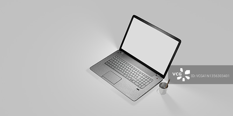 笔记本电脑与白色屏幕和键盘3D插图图片素材