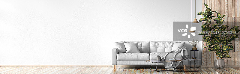 客厅室内设计有白色沙发和咖啡桌，白色墙壁上有木制镶板，全景3d渲染图片素材