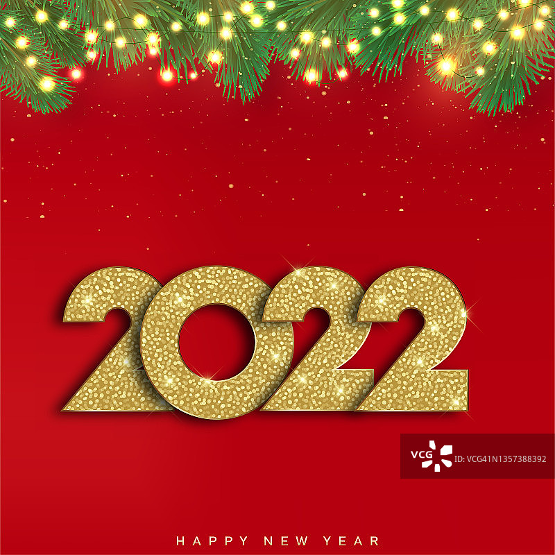 2022年新年快乐横幅，金色的豪华文字2022年和松树镶边。向量。图片素材