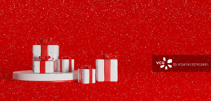 三维渲染的礼品盒在讲台上的红色背景与地方的产品设计图片素材