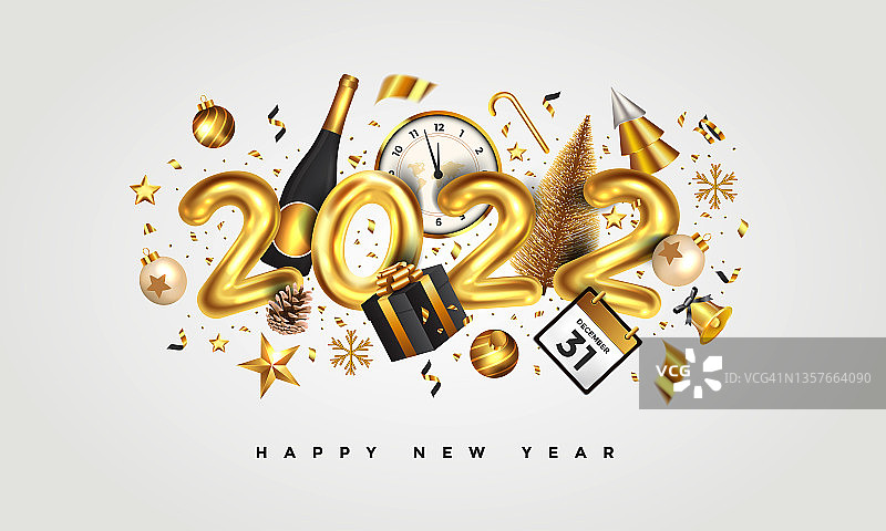 2022年新年快乐。白色背景上的金色金属数字图片素材