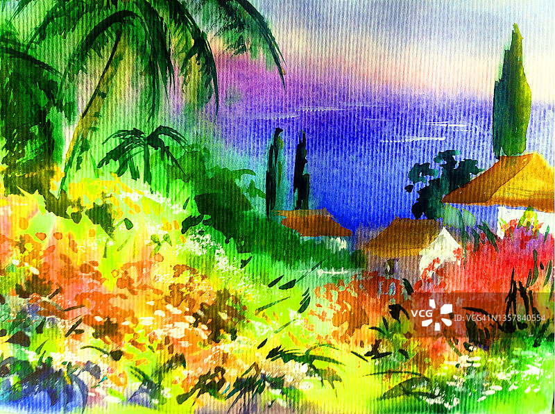 水彩彩色明亮的纹理抽象背景手工制作。地中海风景。描绘海岸上的建筑和植被图片素材
