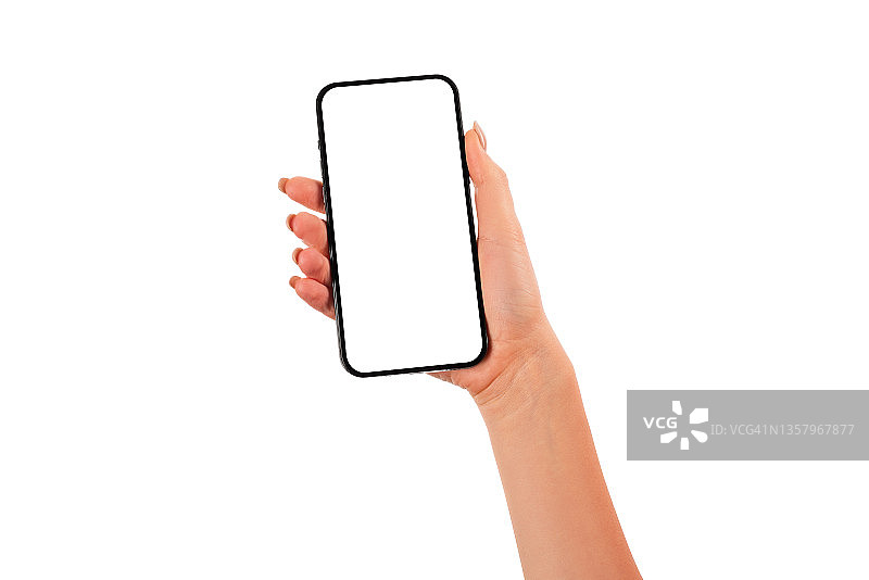 女人手持智能手机模型，白色背景上的白色屏幕图片素材