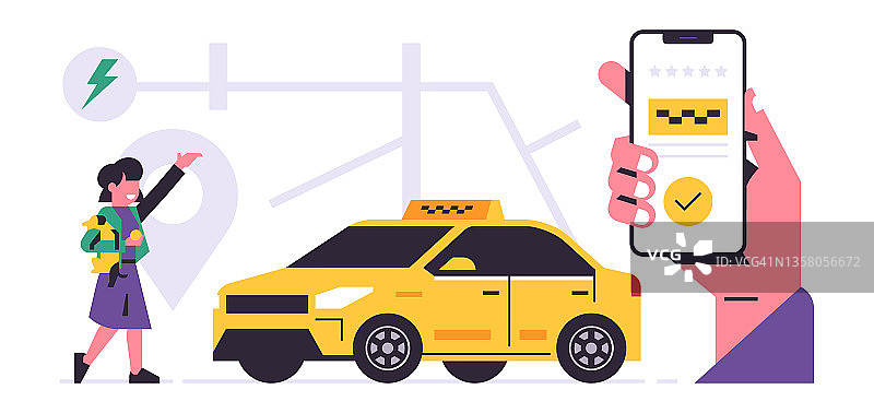 出租车叫车服务移动应用概念。显示屏上有一只手拿着手机预订出租车。城市出租车服务，黄色轿车，城市地图，快乐女人。平面向量插图图片素材