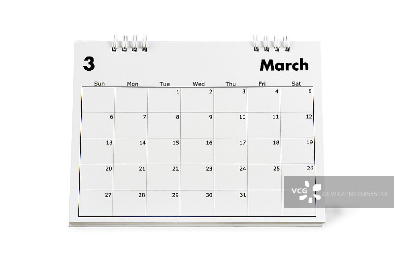 3月1日，2022年日历台为主办方规划和提醒隔离在白色背景上。剪切路径图片素材