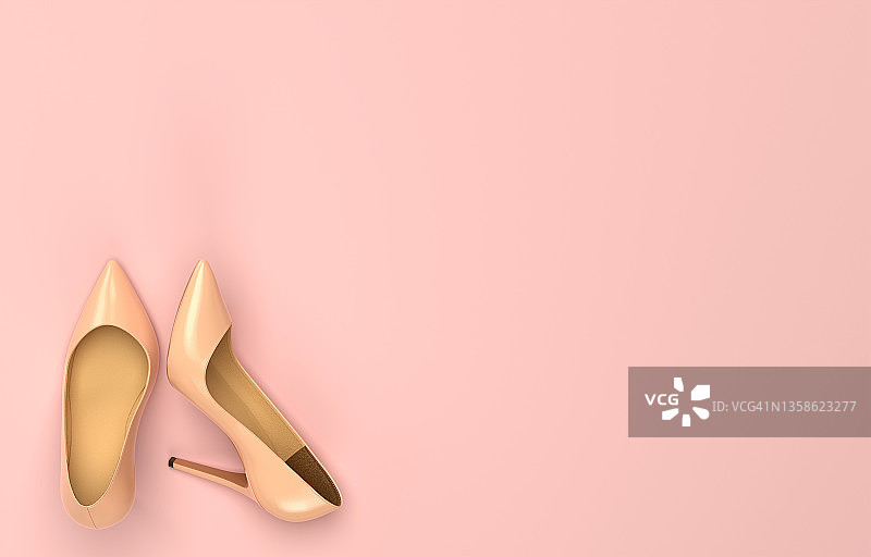 女性米色鞋粉红色的背景。前视图。3 d渲染插图。图片素材