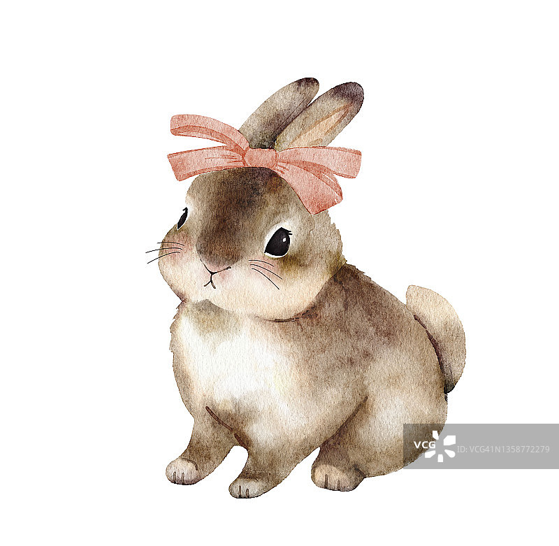 动物兔子与粉红色蝴蝶结，插图水彩图片素材