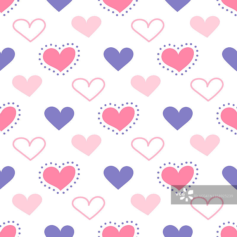 粉色和淡紫色的心在白色的背景，矢量无缝图案的情人节图片素材