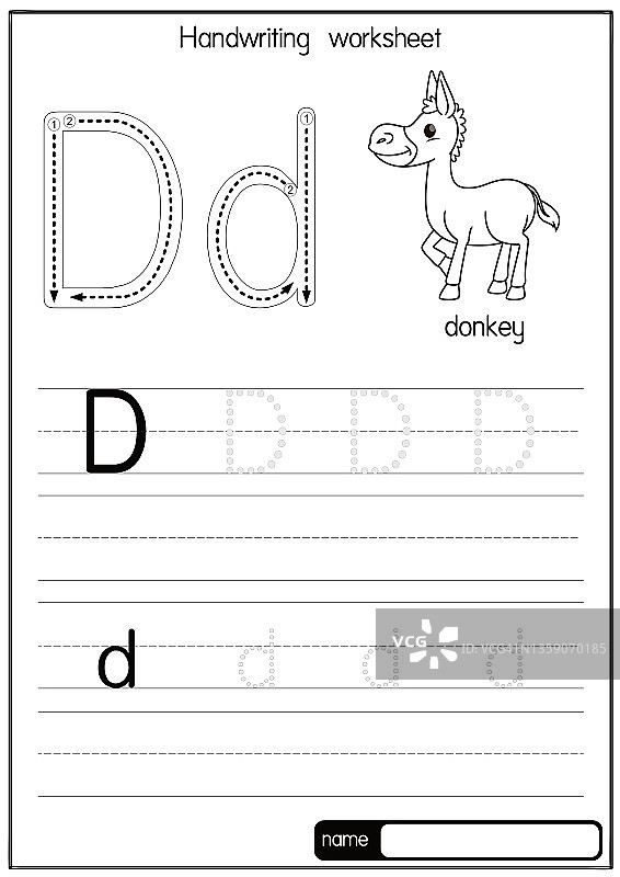 黑白矢量插图驴子与字母D大写字母或大写字母为儿童学习实践ABC图片素材