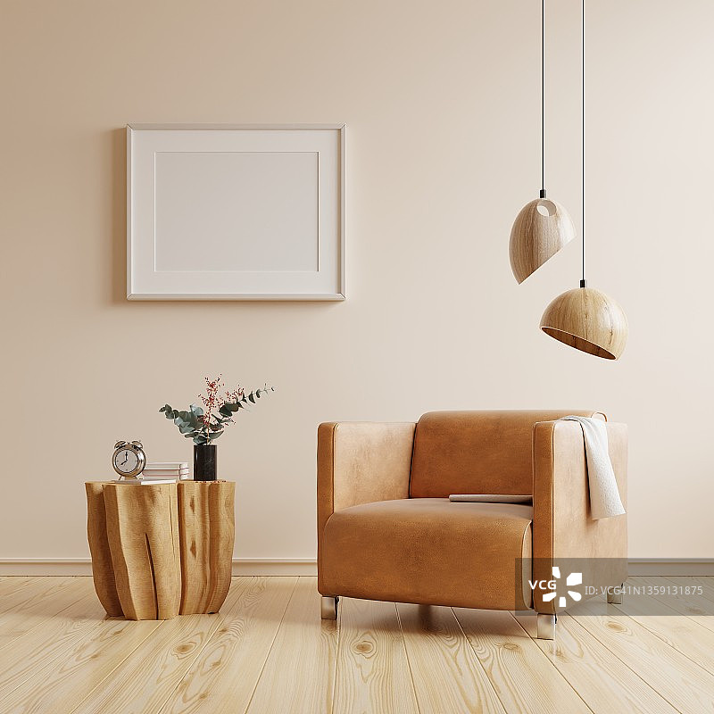 室内背景模型框架在客厅室内空白色墙壁上。图片素材