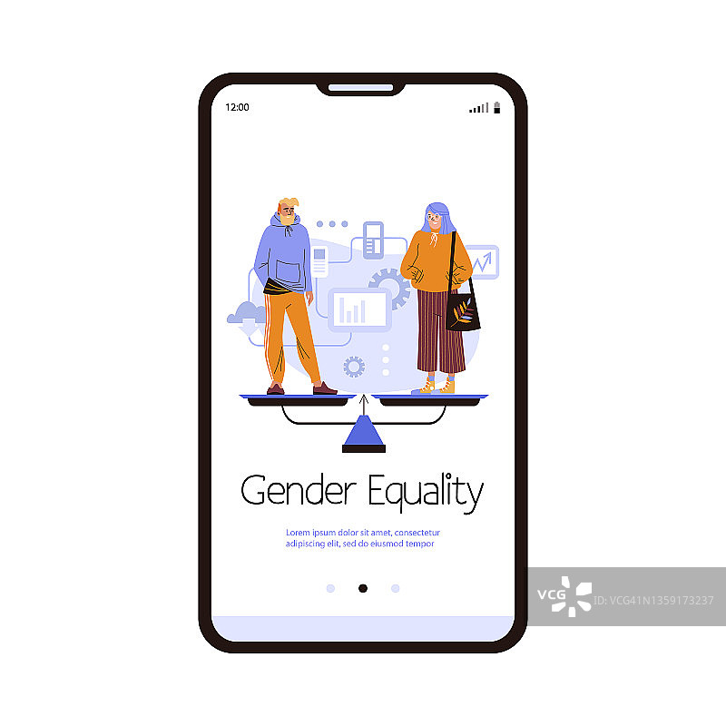 手机应用屏幕上的性别平等，平面矢量插图。图片素材