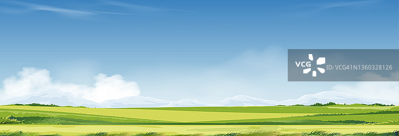 春日、夏日的乡村景色，草甸山峦，白云蓝天的背景。全景乡村框架田，山和绿草在上午，矢量卡通美丽的自然横幅图片素材