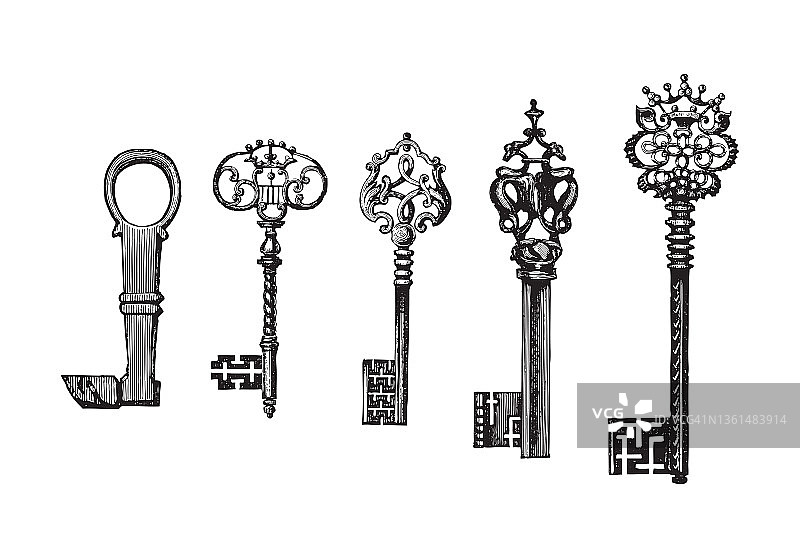老钥匙收藏-复古雕刻插图图片素材