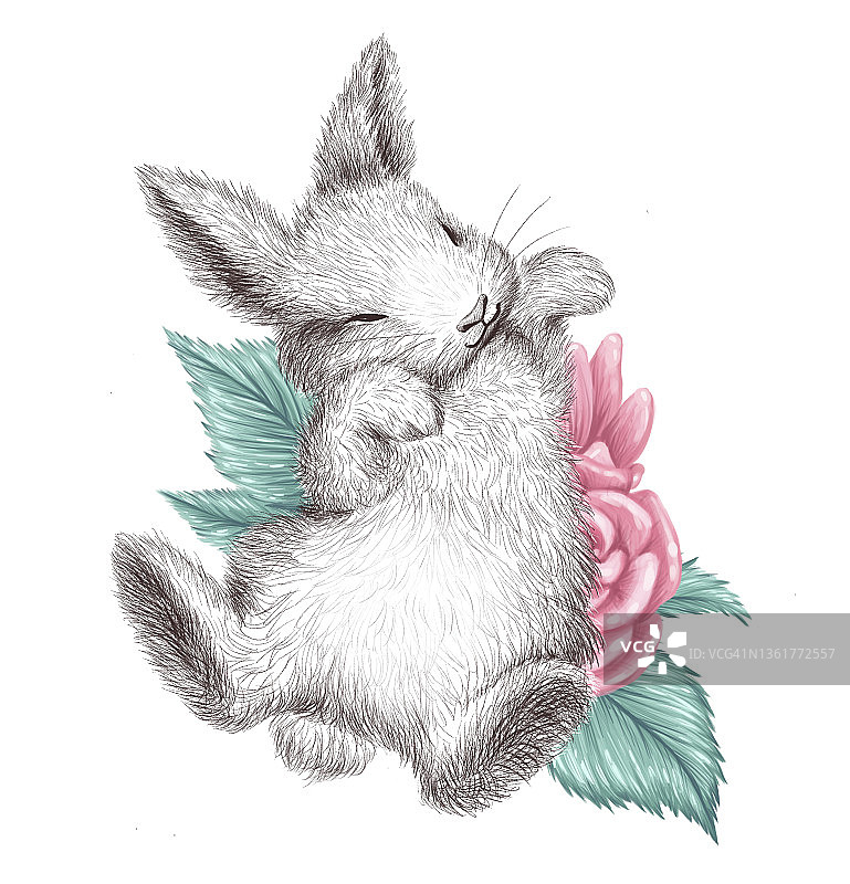 手绘水彩插图与可爱的可爱的兔子小角色睡在粉红色的花盛开孤立。用于情人节卡片，印刷品，横幅，海报，请柬。图片素材