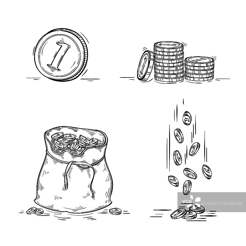 一套手绘单色轮廓硬币，金融图标图片素材