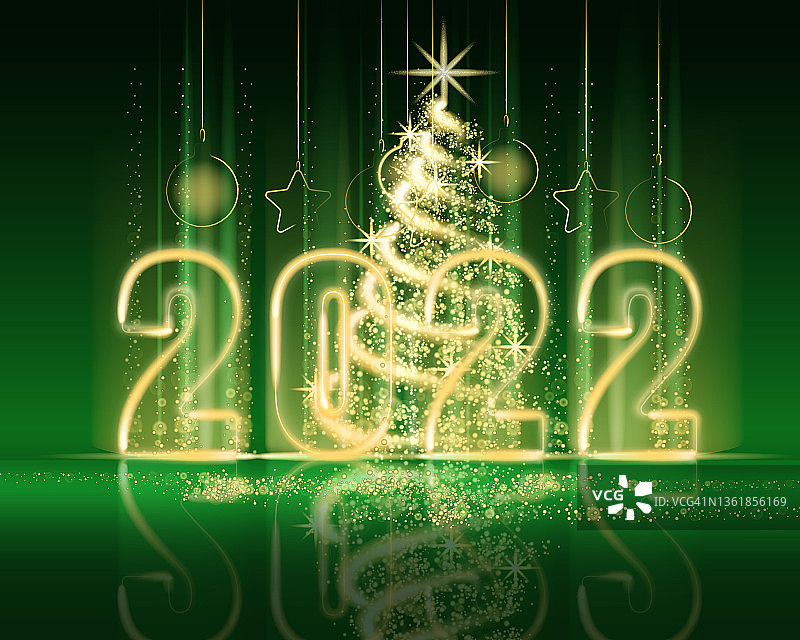 2022年新年快乐。快乐的圣诞树金色的彩灯灰尘装饰，金色迷离的魔法辉映在绿色的背景上。恭贺圣诞佳节。向量插图横幅贺卡图片素材