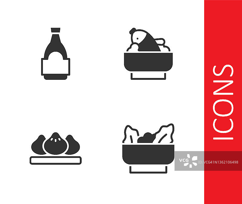 设置馄饨，酱油瓶，饺子和米饭与鱼碗图标。向量图片素材