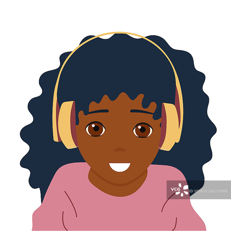 一个小女孩戴着耳机听音乐和播客。向量,平图片素材