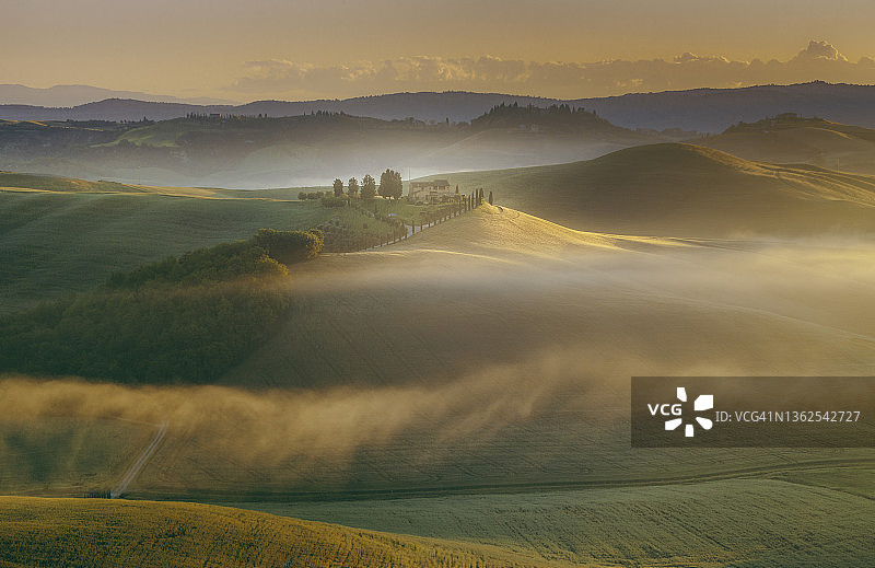 意大利托斯卡纳日出景观，柏树环绕的绿色山丘，欧洲图片素材