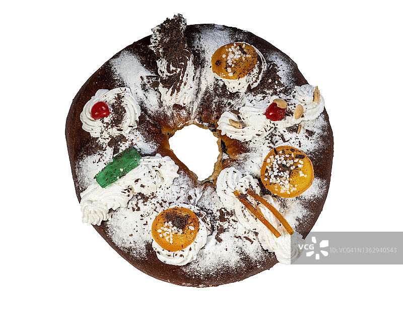 Roscon de reyes，国王的戒指，在西班牙庆祝主显节或Dia de reyes Magos的典型甜点图片素材