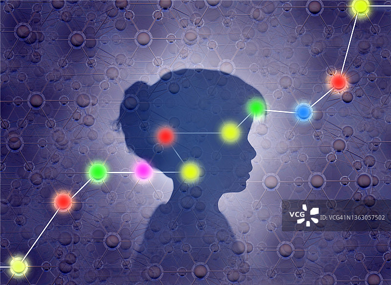 一个小女孩在分子背景下的概念图像，上面覆盖着一组连接的灯，描绘了意识、意识和连接图片素材