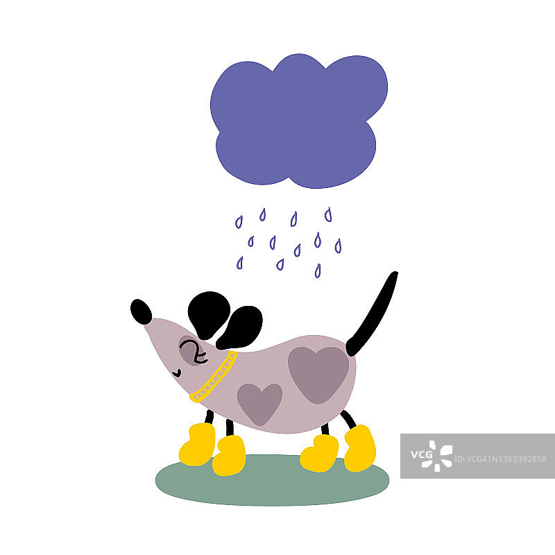 手绘的快乐的狗穿着黄色的靴子在雨中行走。完美的t恤，贺卡和打印。涂鸦矢量插图装饰和设计。图片素材