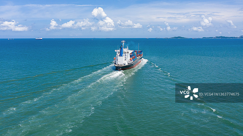 工业、商业、物流、货运集装箱船通过摄像头从海上无人机鸟瞰图片素材