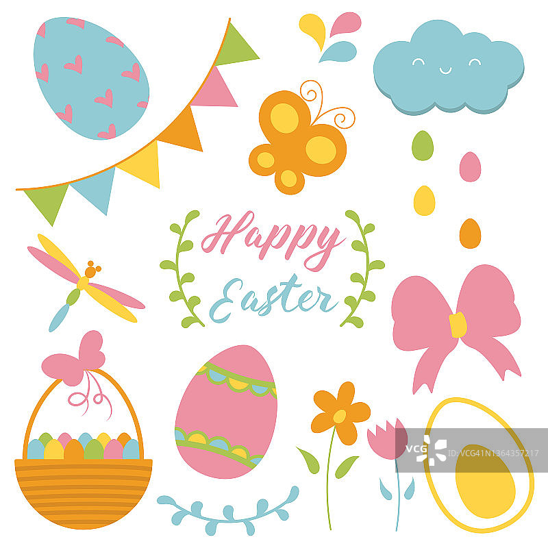 可爱的复活节设计元素。复活节用具:复活节兔子，小鸡，花，字母，复活节蛋，蛋篮，云落蛋，蝴蝶。图片素材