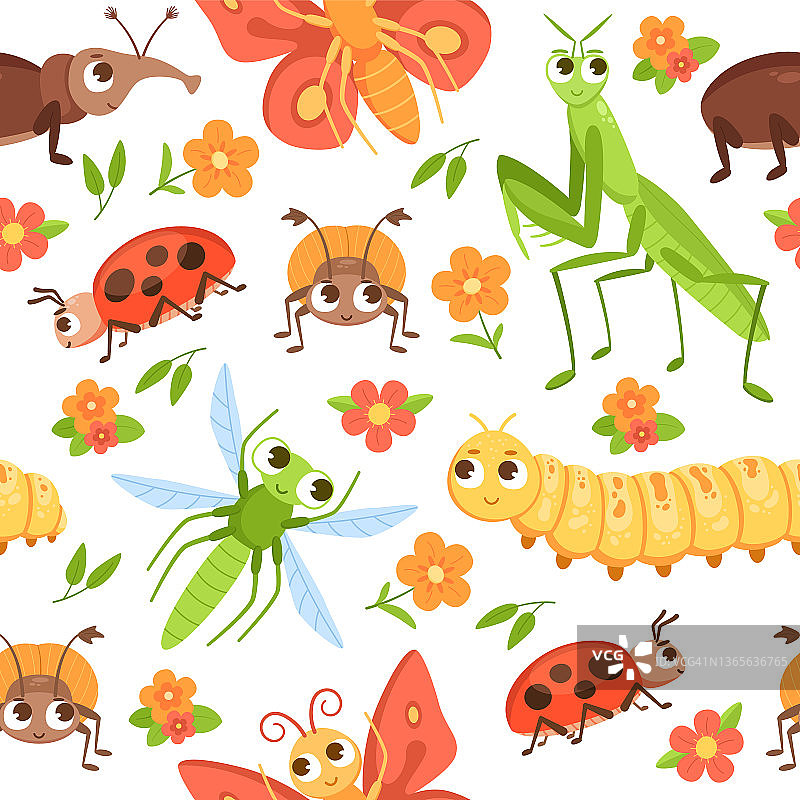 卡通bug模式。无缝印花与昆虫字符和花朵。蝴蝶和甲虫带着快乐的脸。夏季花园动物的背景。有趣的象鼻虫和螳螂。矢量纹理图片素材