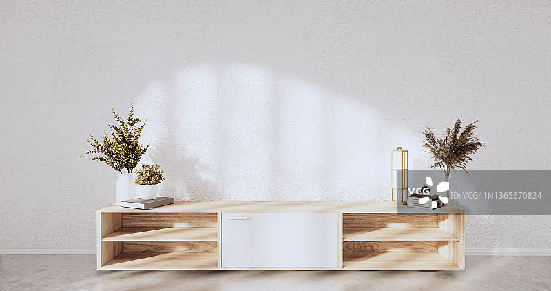 电视柜木制设计在白色房间室内现代风格。三维渲染图片素材