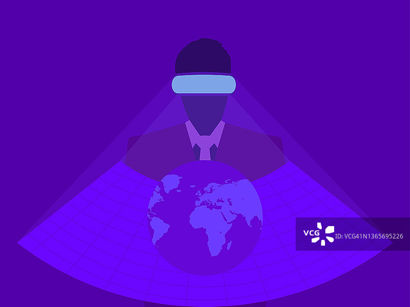 超时空里戴着虚拟现实眼镜的男人。通过耳机进入虚拟空间。虚拟现实技术。手控虚拟现实。紫色的颜色。矢量图图片素材
