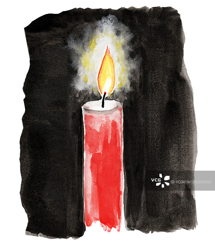 燃烧的蜡烛在黑色水彩背景，哀悼插图与蜡烛图片素材