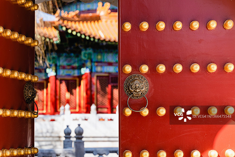 中国红门上的金狮头门环。图片素材