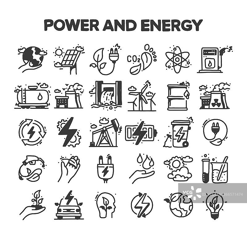 电力和能源相关的手绘矢量涂鸦图标集图片素材