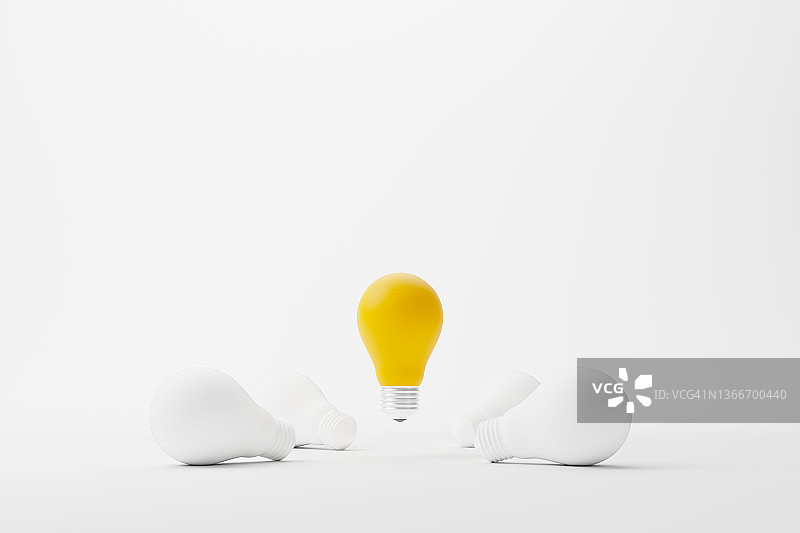 黄色灯泡在灯泡组中最突出。创意理念与创新，独树一帜，特立独行，特立独行。3 d渲染图图片素材
