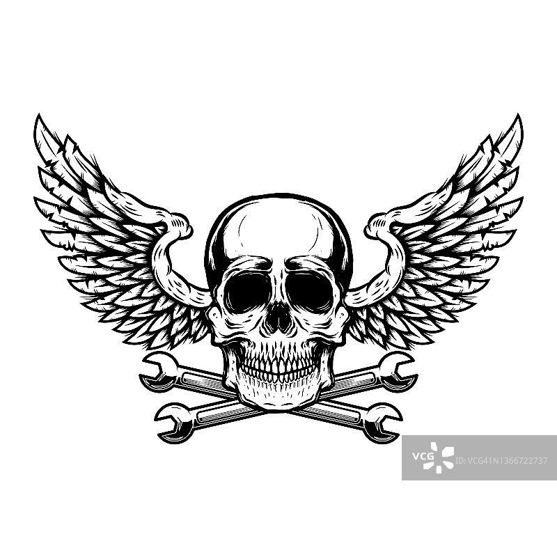 带翼的头骨和交叉的扳手。徽章、标志、徽章的设计元素。矢量图图片素材